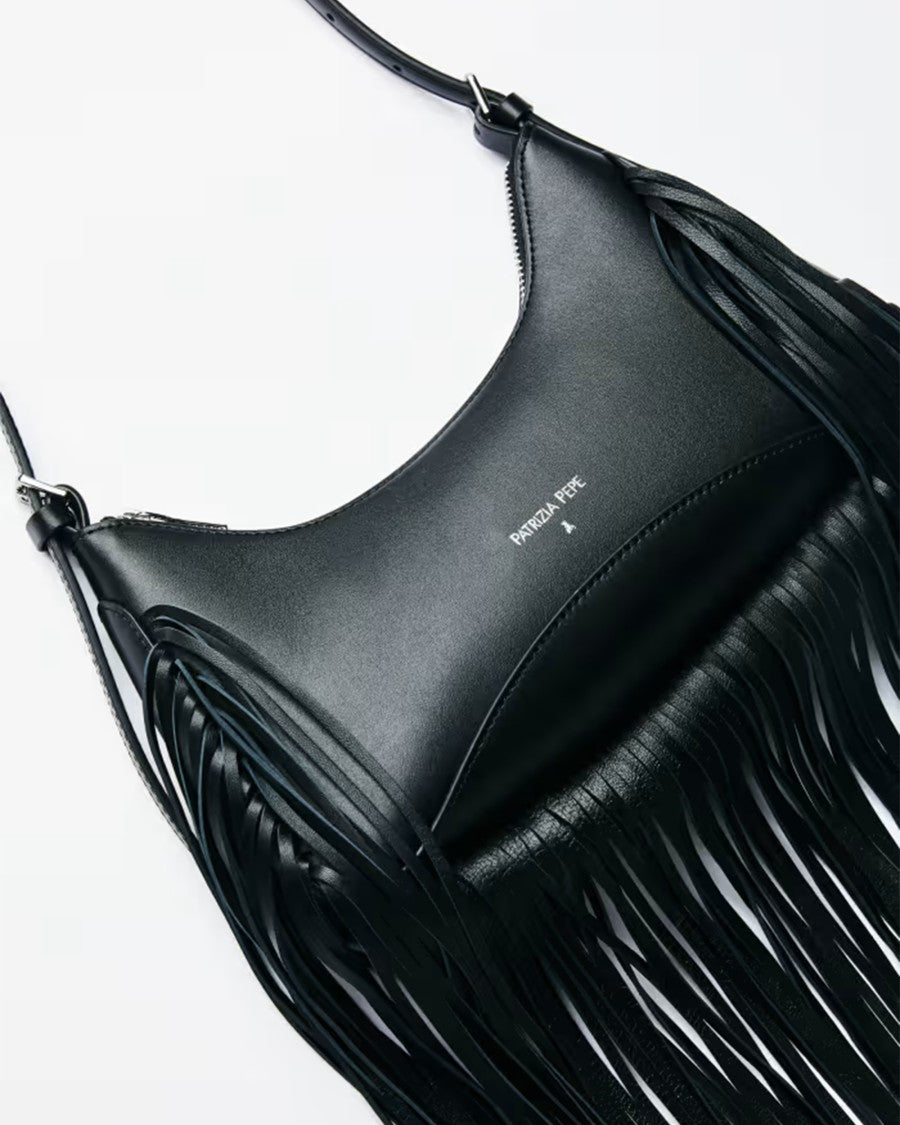 Patrizia Pepe Black Calf Leather Fringed Shoulder Bag