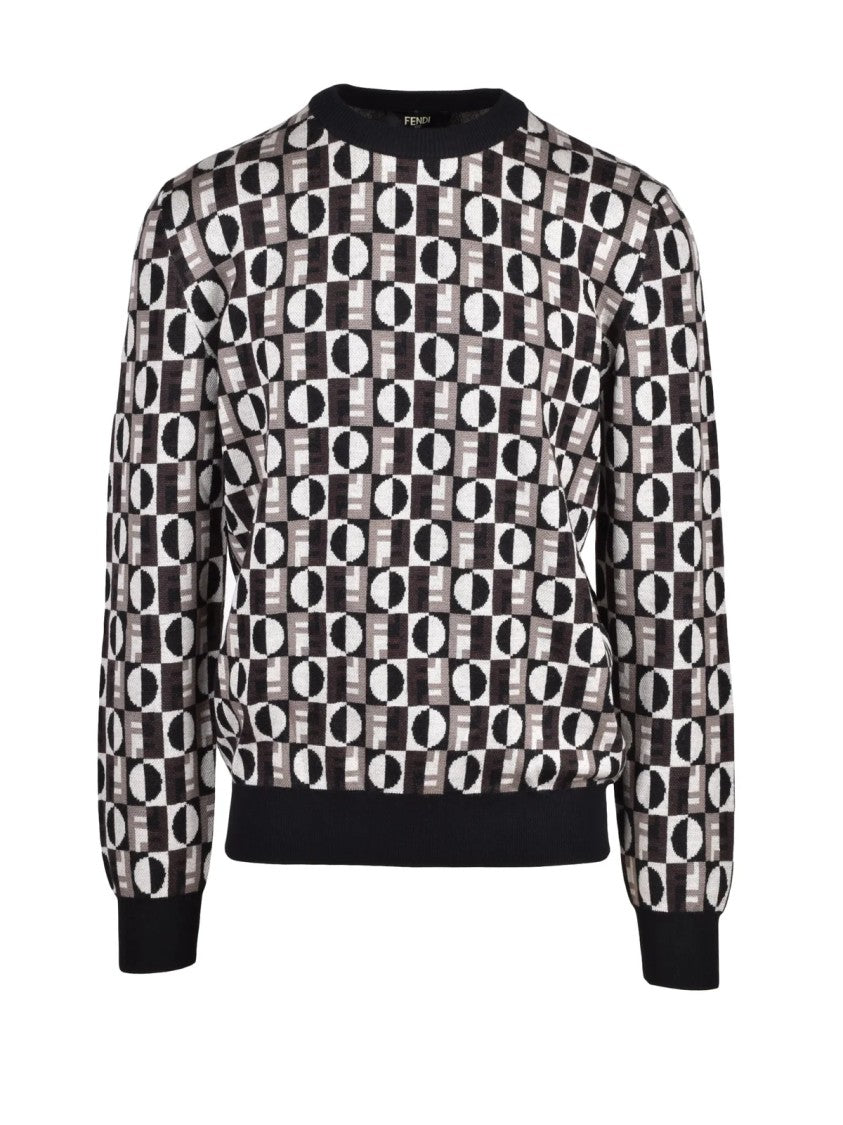 Fendi Brown/Black Geometric Checkered Wool-Blend Crewneck Sweater