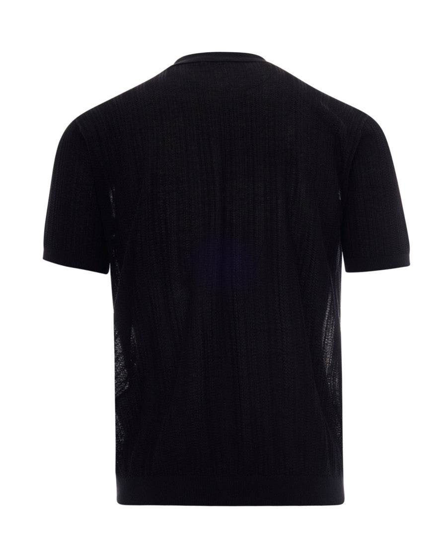 Emporio Armani Vertical Textured Knit Polo Shirt With Partial Zip Closure