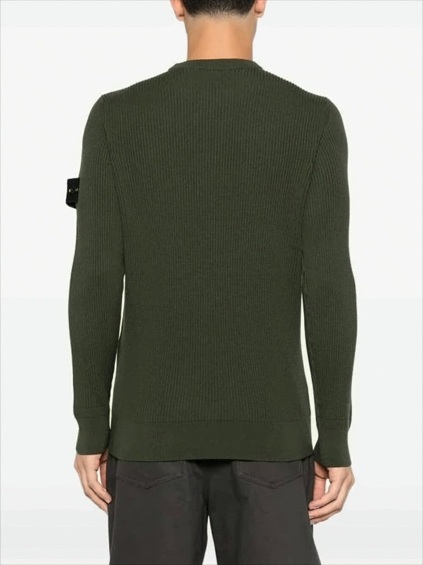 Stone Island Ribbed Knit Wool Sweater With Iconic Patch Logo