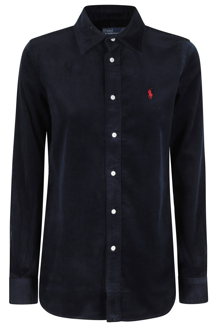 Polo Ralph Lauren Navy Blue Long Sleeve Velvet Ribbed Shirt With Classic Collar
