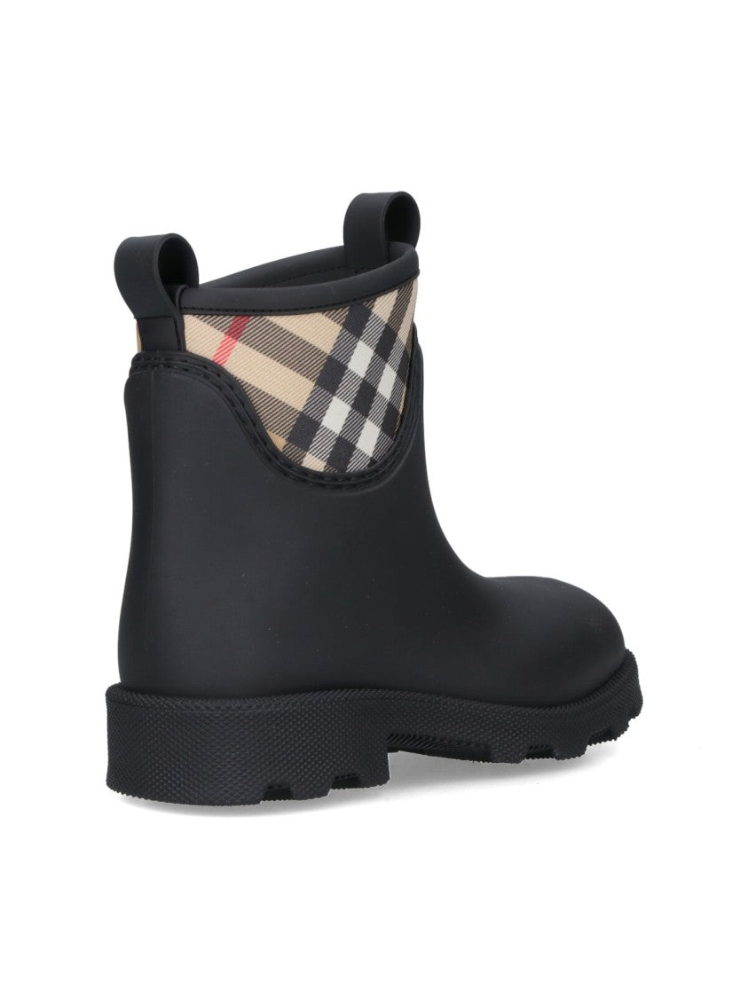 Burberry Black Rubber Ankle Boots With Check Fabric Panel