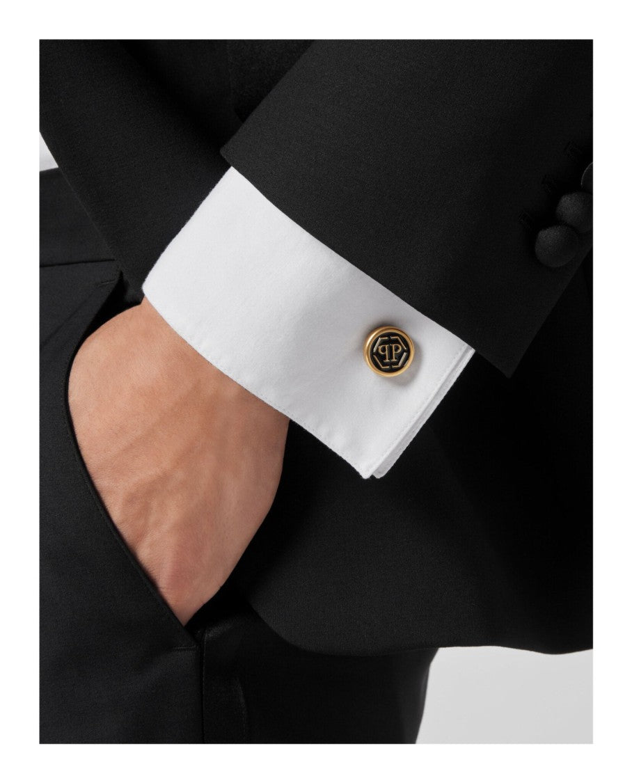 Philipp Plein Black Enamel And Gold Logo Cufflinks