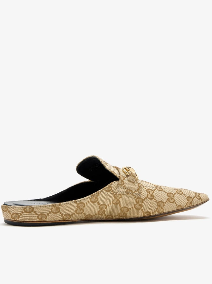 Gucci Slip-On Beige Canvas Mules With Monogram Pattern And Gold-Tone Horsebit