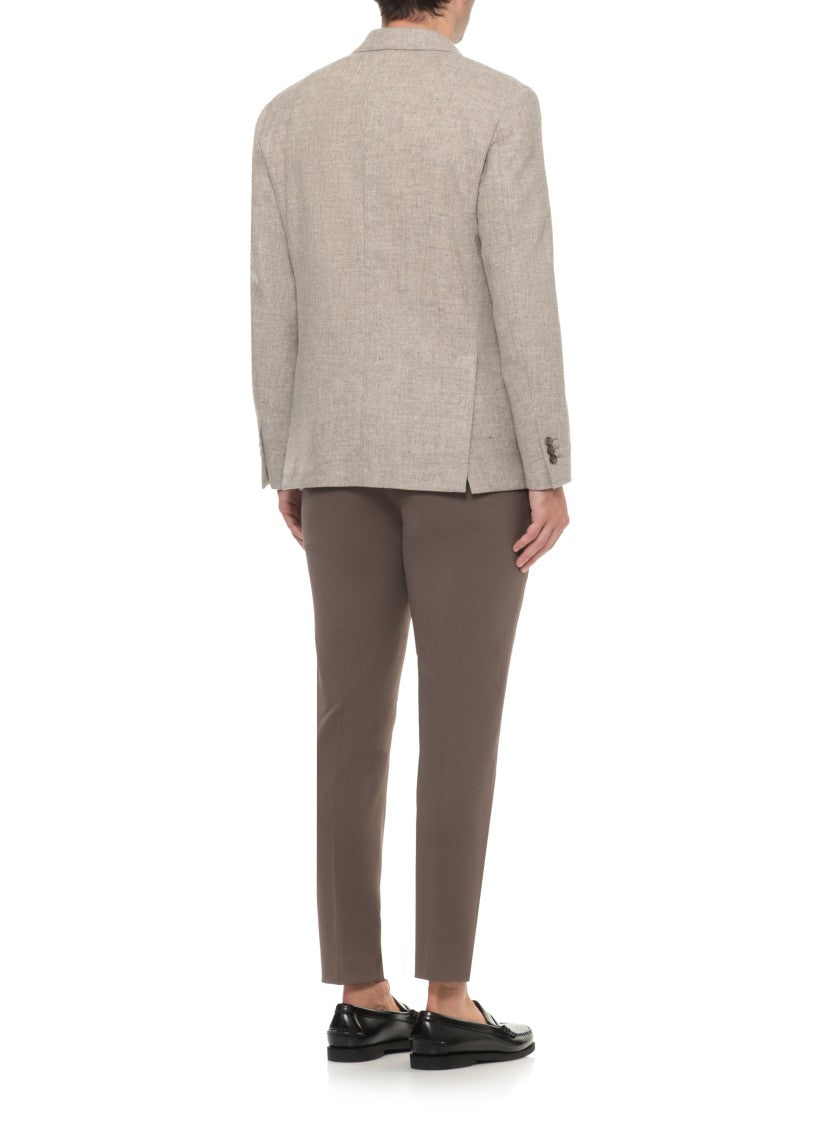 Lardini Beige Wool Double-Breasted Blazer With Iconic Peak Lapel Pin