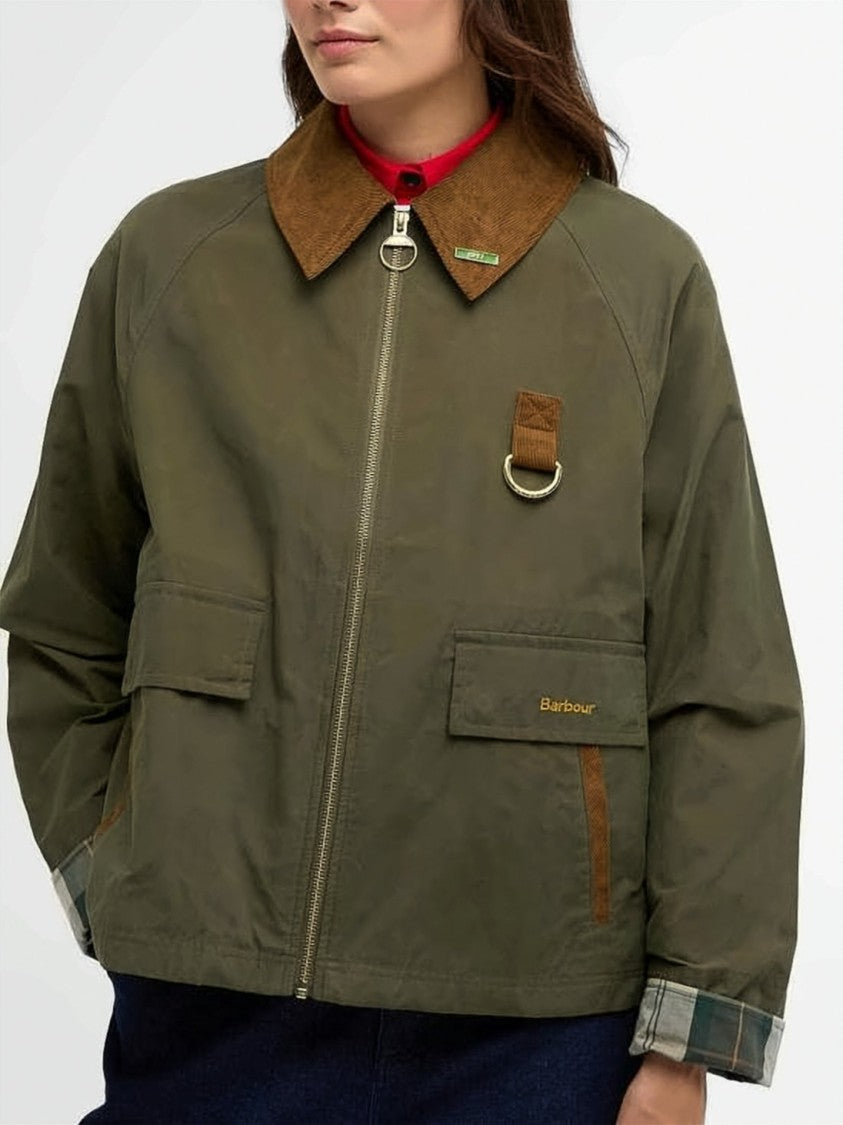 Barbour Boxy Cropped Olive Green Barbour Jacket With Corduroy Collar