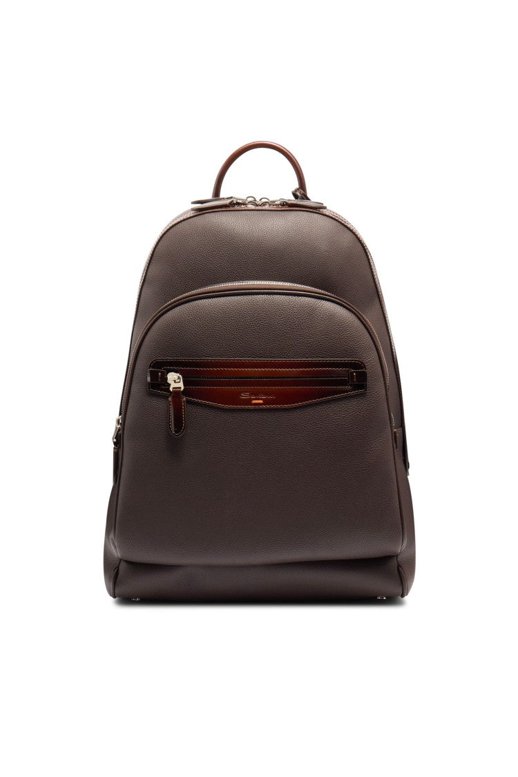 Santoni Artisanal Brown Leather Backpack With Dual Compartments