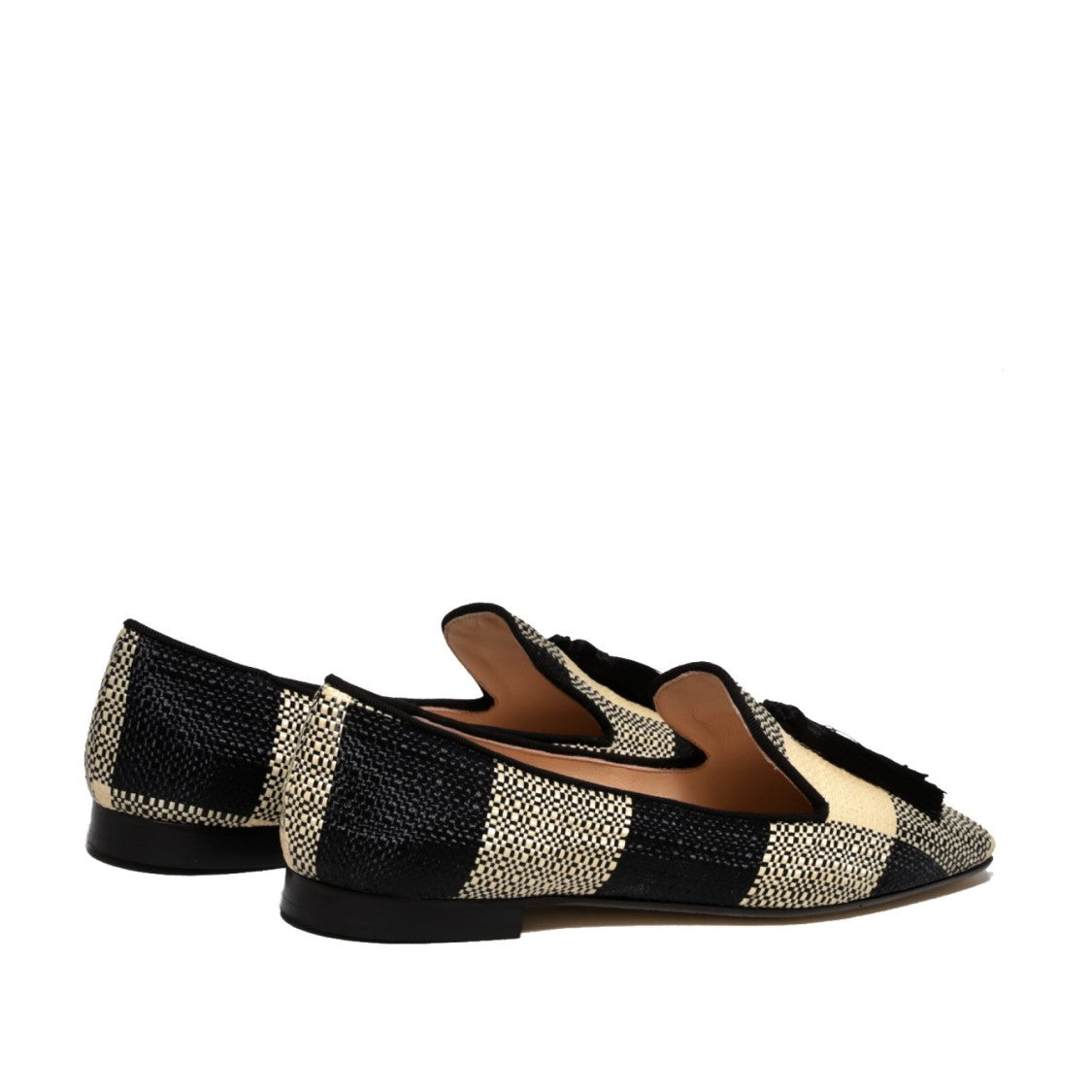 Prosperine Ivory Black Checkered Raffia Slipper With Silk Tassels