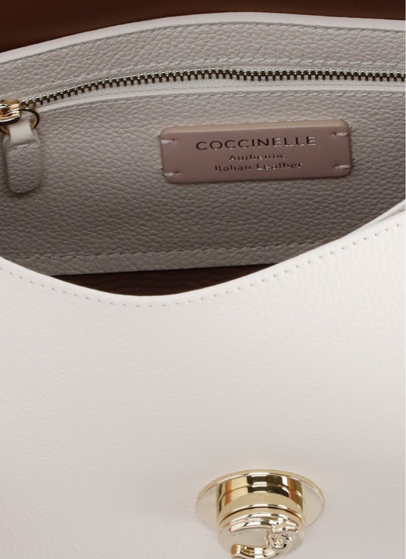 Coccinelle Ivory Pebbled Leather Shoulder Bag With Gold-Tone Clasp