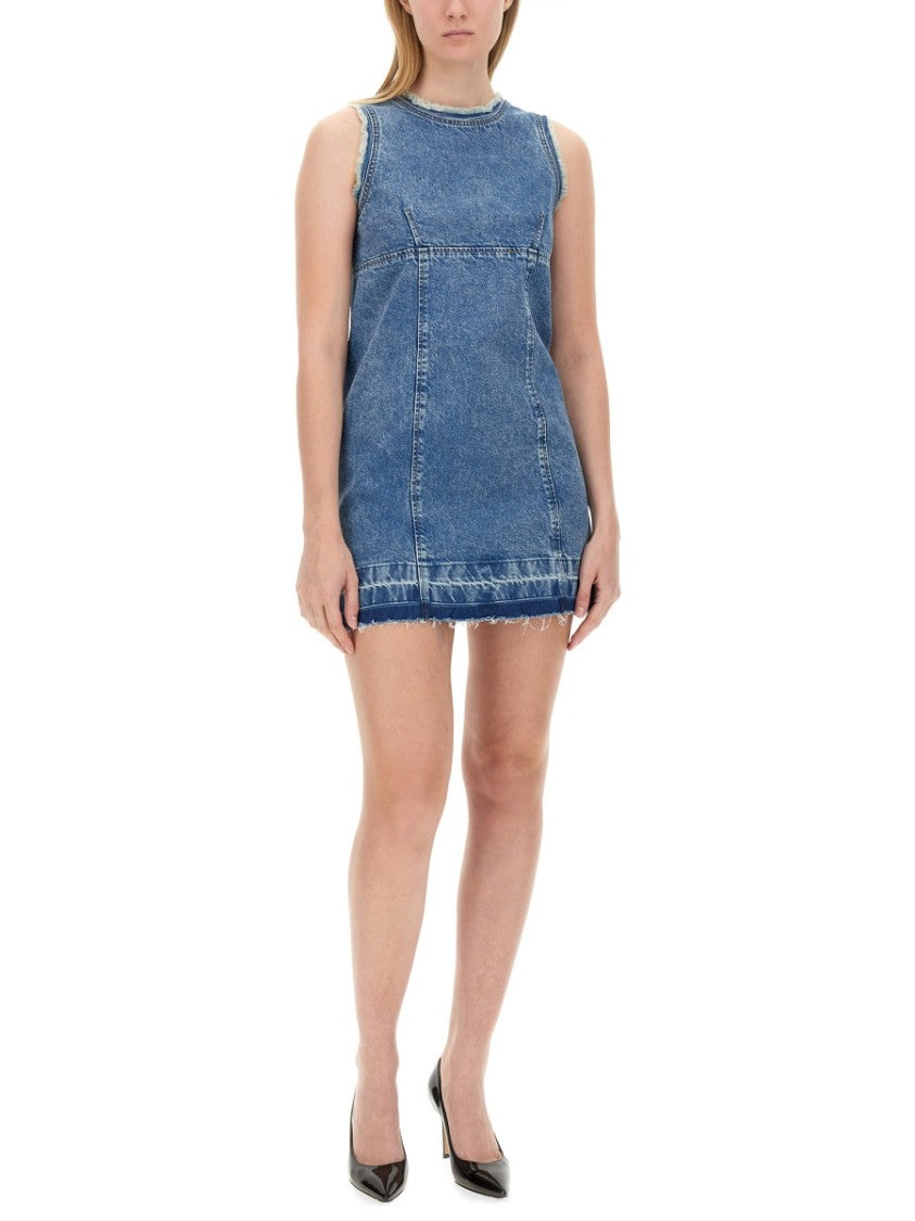 Moschino Sleeveless Fitted Denim Dress With Frayed Hem