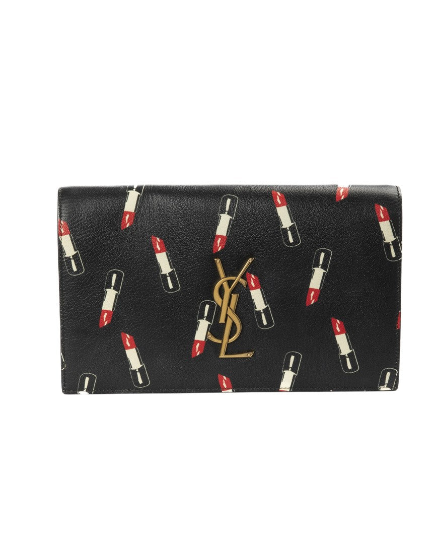 Saint Laurent Small Black Leather Clutch With Red Lipstick Print