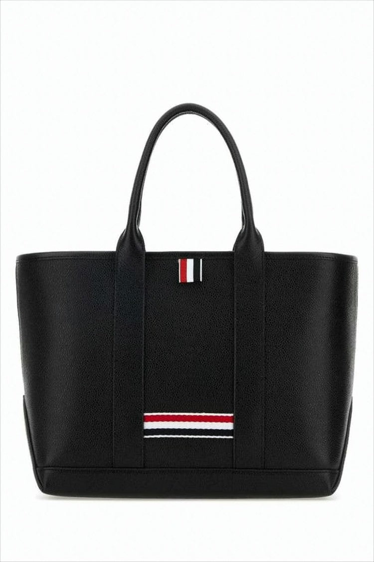 Thom Browne Textured Calf Leather Tote Bag With Striped Fabric Detail