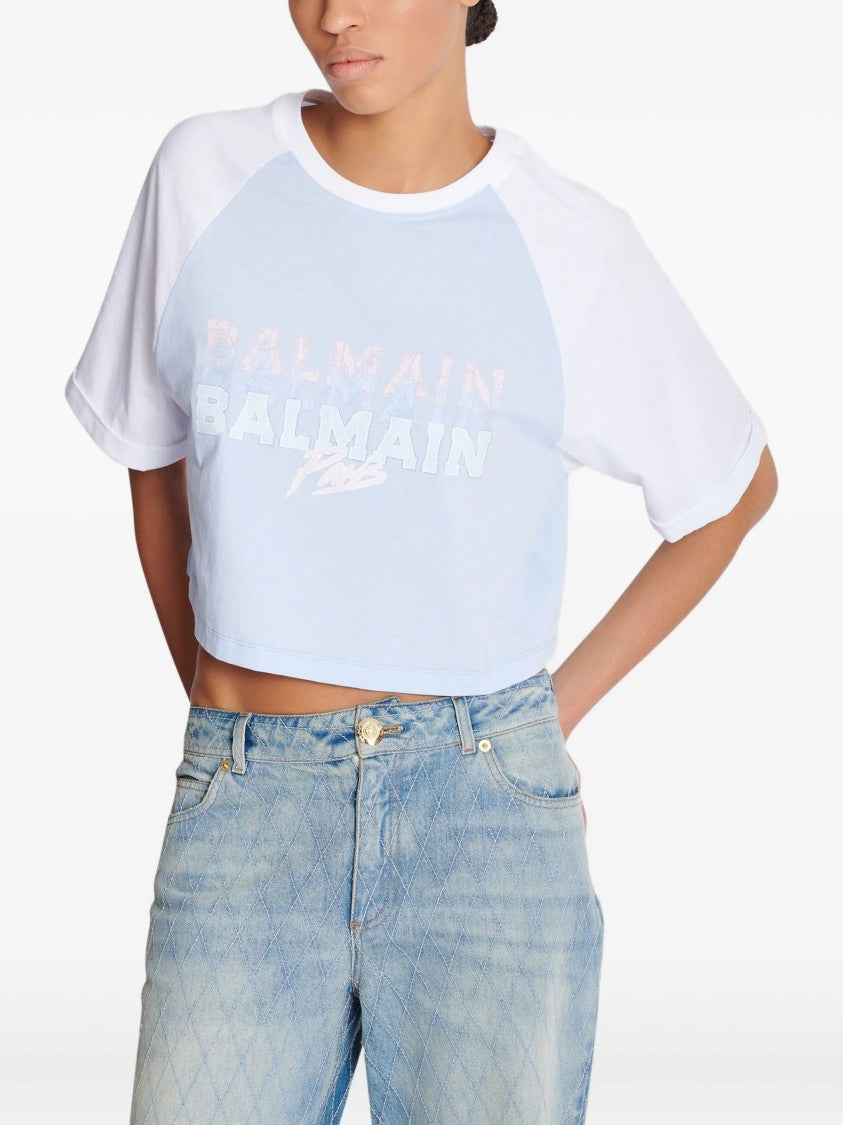 Balmain Light Blue Cropped Organic Cotton T-Shirt