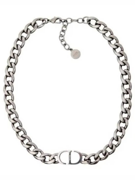 Christian Dior Silver Interlocking Link Necklace With Logo Centerpiece