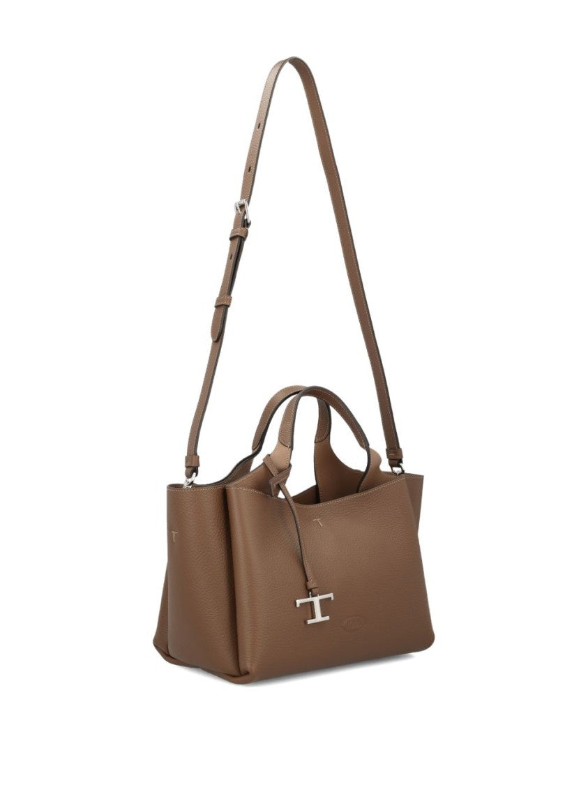Tod's Brown Grained Leather T-Logo Charm Tote