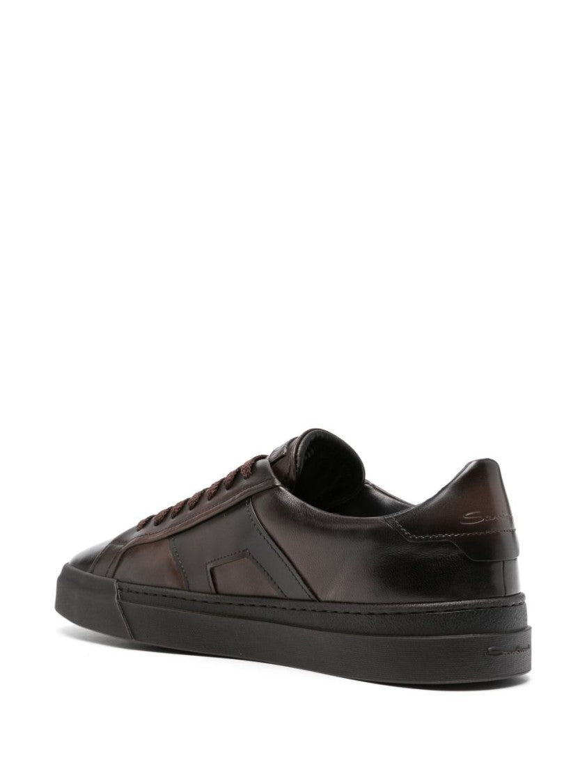 Santoni Brown Calfskin Lace-Up Sneakers With Debossed Branding