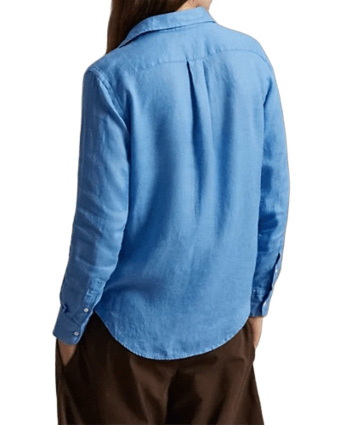 Polo Ralph Lauren Light Blue Linen Shirt With Pearl Buttons And Embroidered Detail