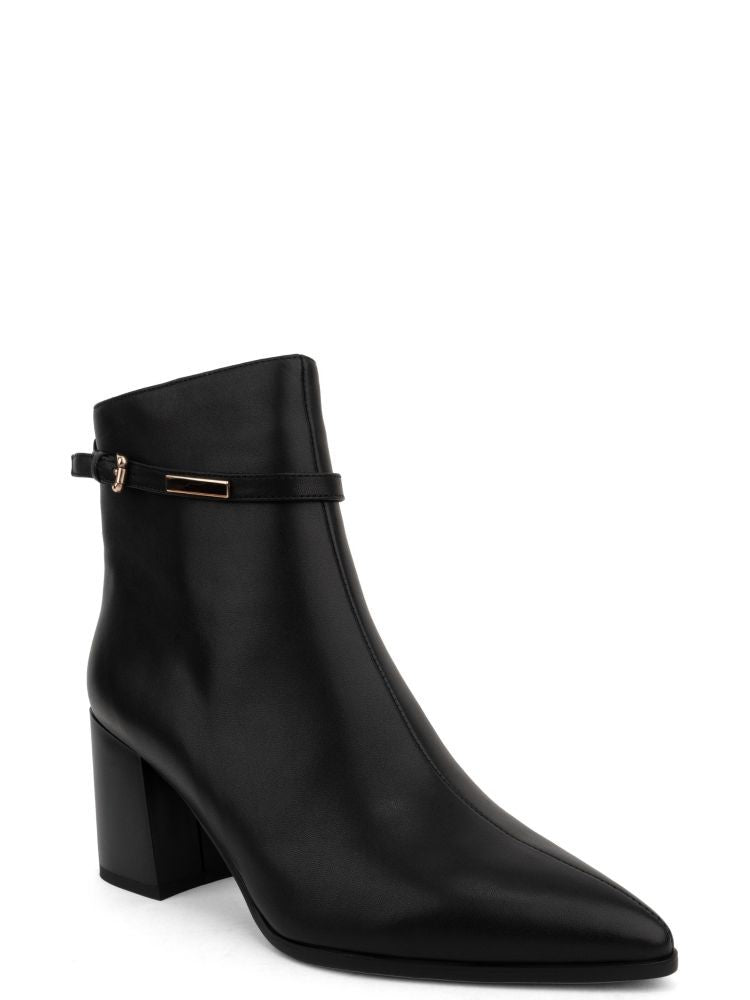 Adrianna Feretti Black Pointed Toe Slim Buckle Strap Leather Ankle Boots