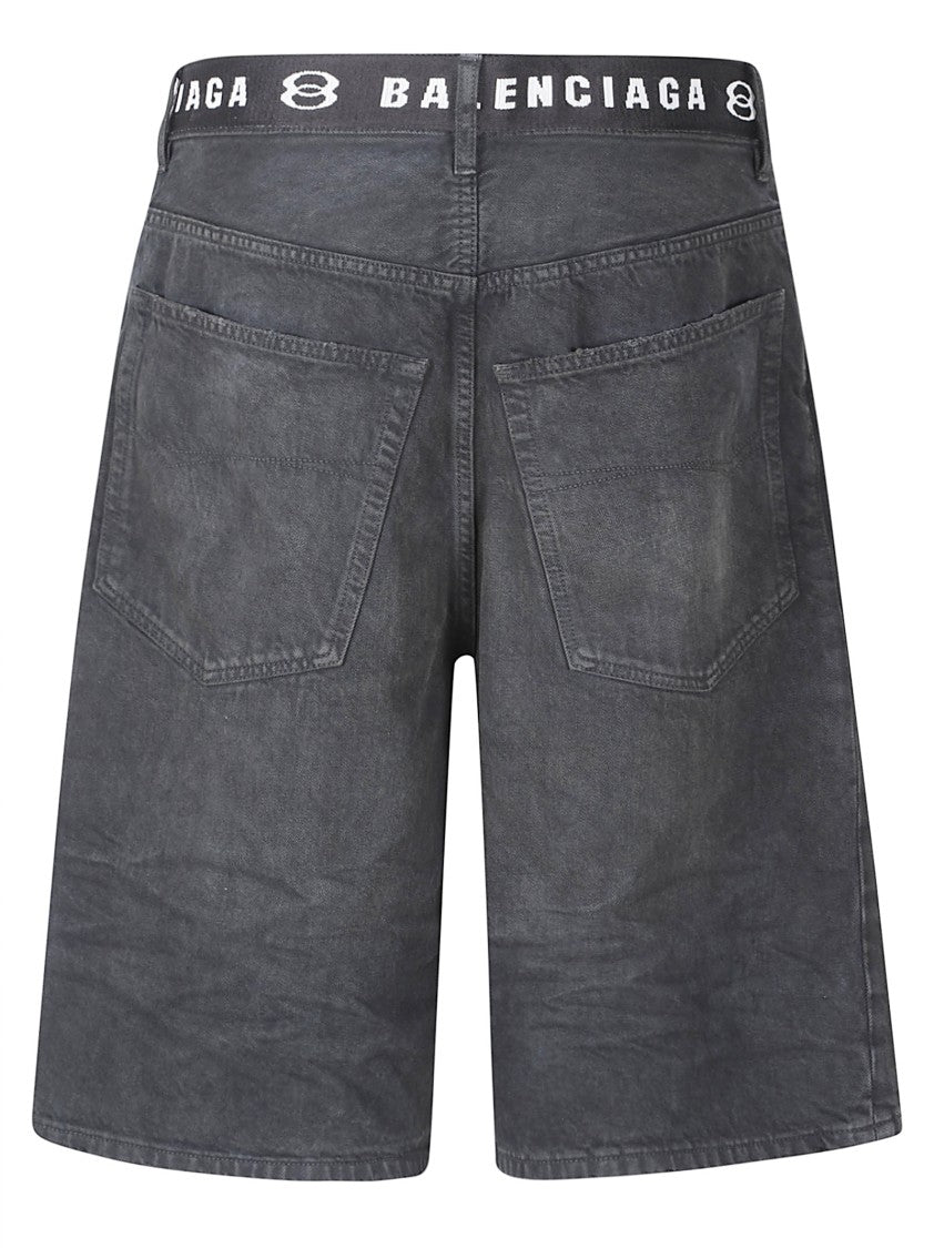 Balenciaga Washed Black Denim Shorts With Distinctive Branding And Relaxed Fit