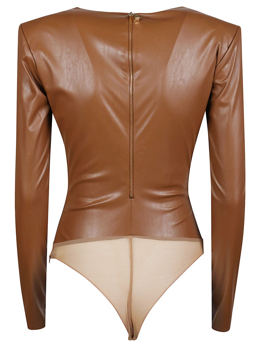 Elisabetta Franchi Fitted Long Sleeve Bodysuit With Twisted V-Neck Detail