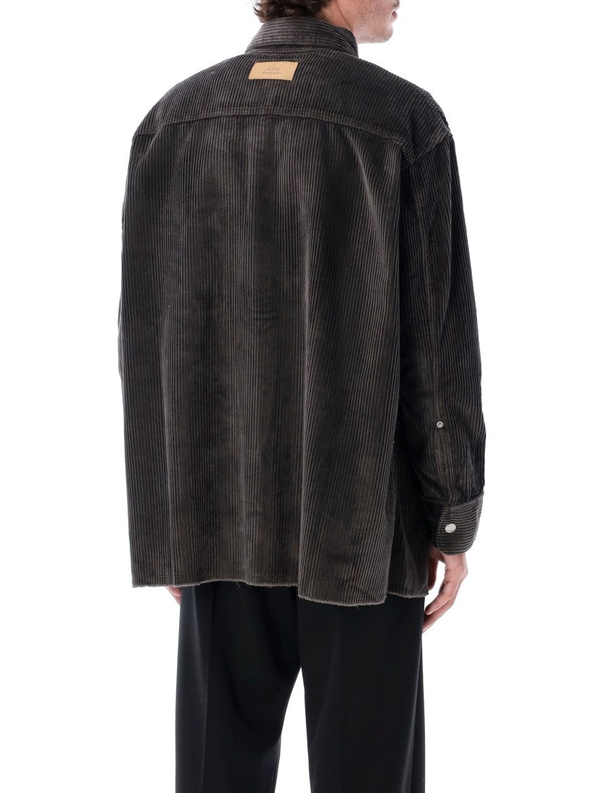 Ami Relaxed Fit Black Corduroy Overshirt With Classic Collar