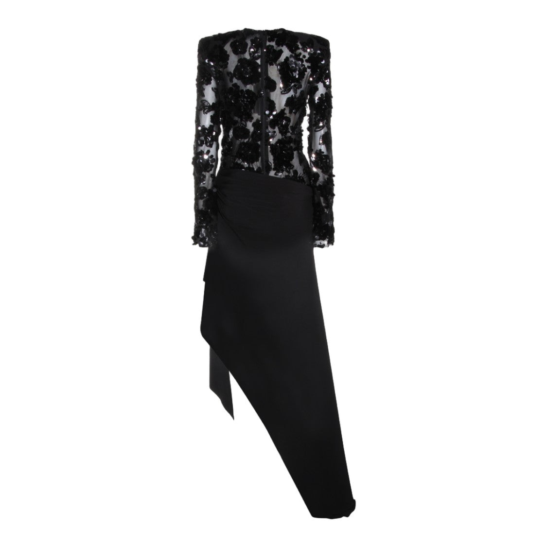 Nissa Asymmetrical Black Sequined Floral Appliqué Dress