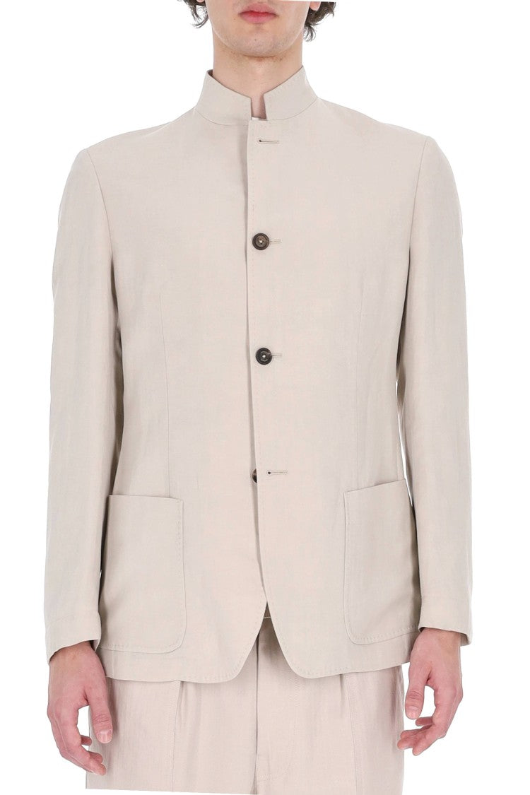 Eleventy Beige Mao Band Collar Lyocell-Linen Jacket