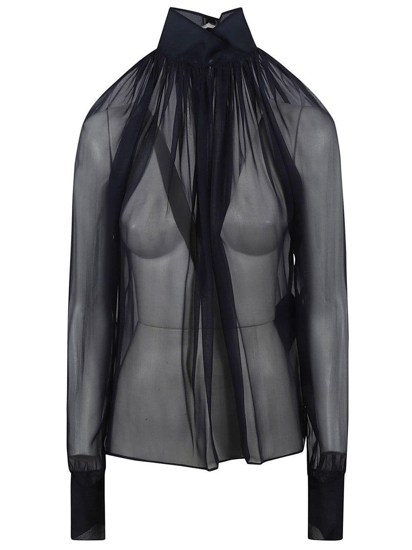 Saint Laurent High-Neck Sheer Silk Shirt With Delicate Pleating