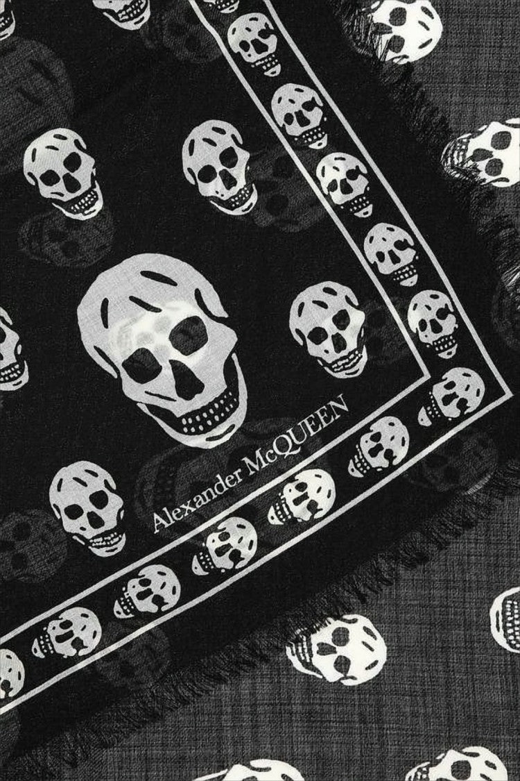 Alexander Mcqueen Rectangular Black Wool Scarf With Skull Motif