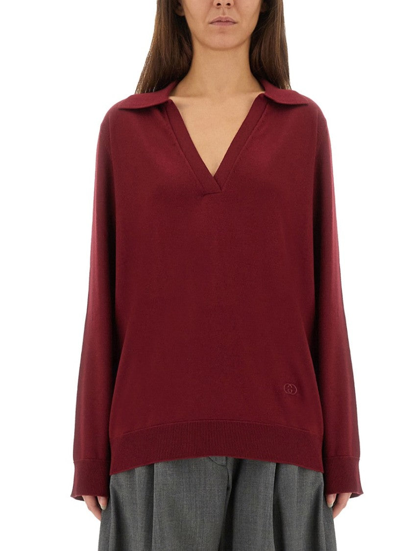 Gucci Ultrafine Wool Deep V-Neck Polo Shirt