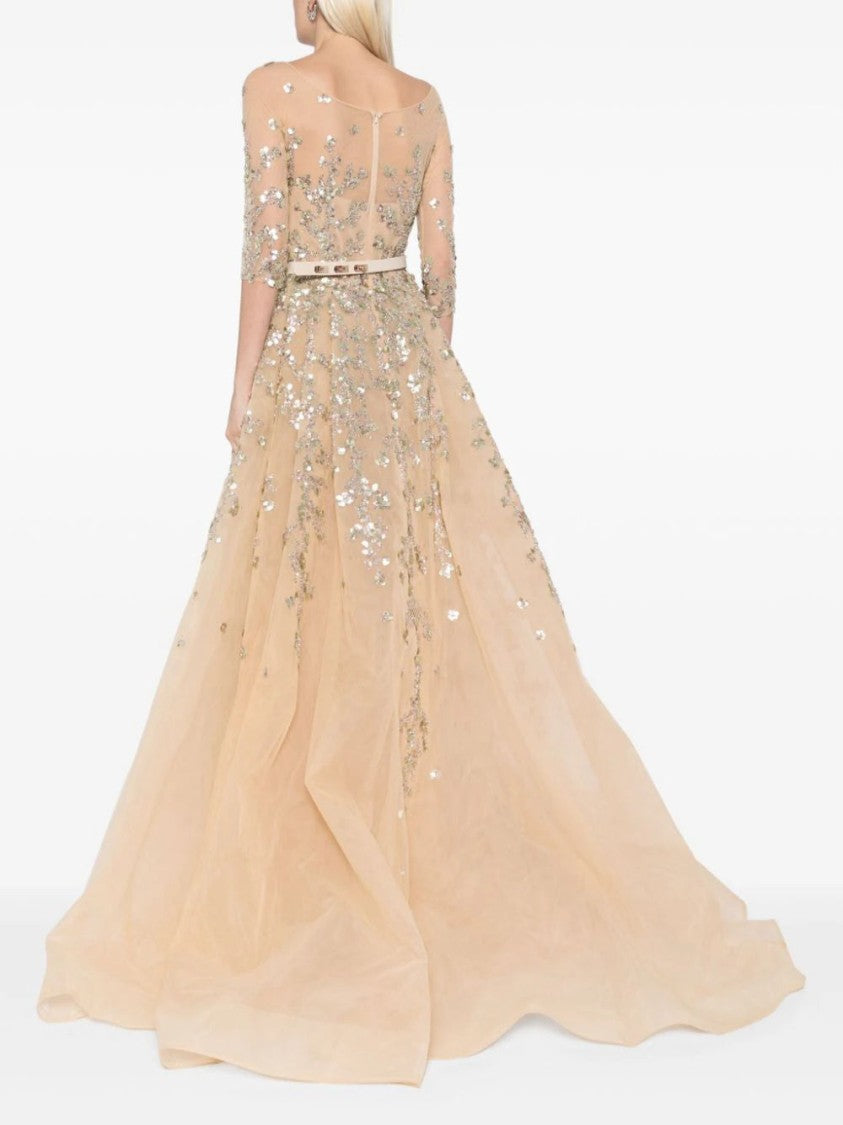 Saiid Kobeisy Tulle Beaded Dress With Envelope Skirt And Overskirt