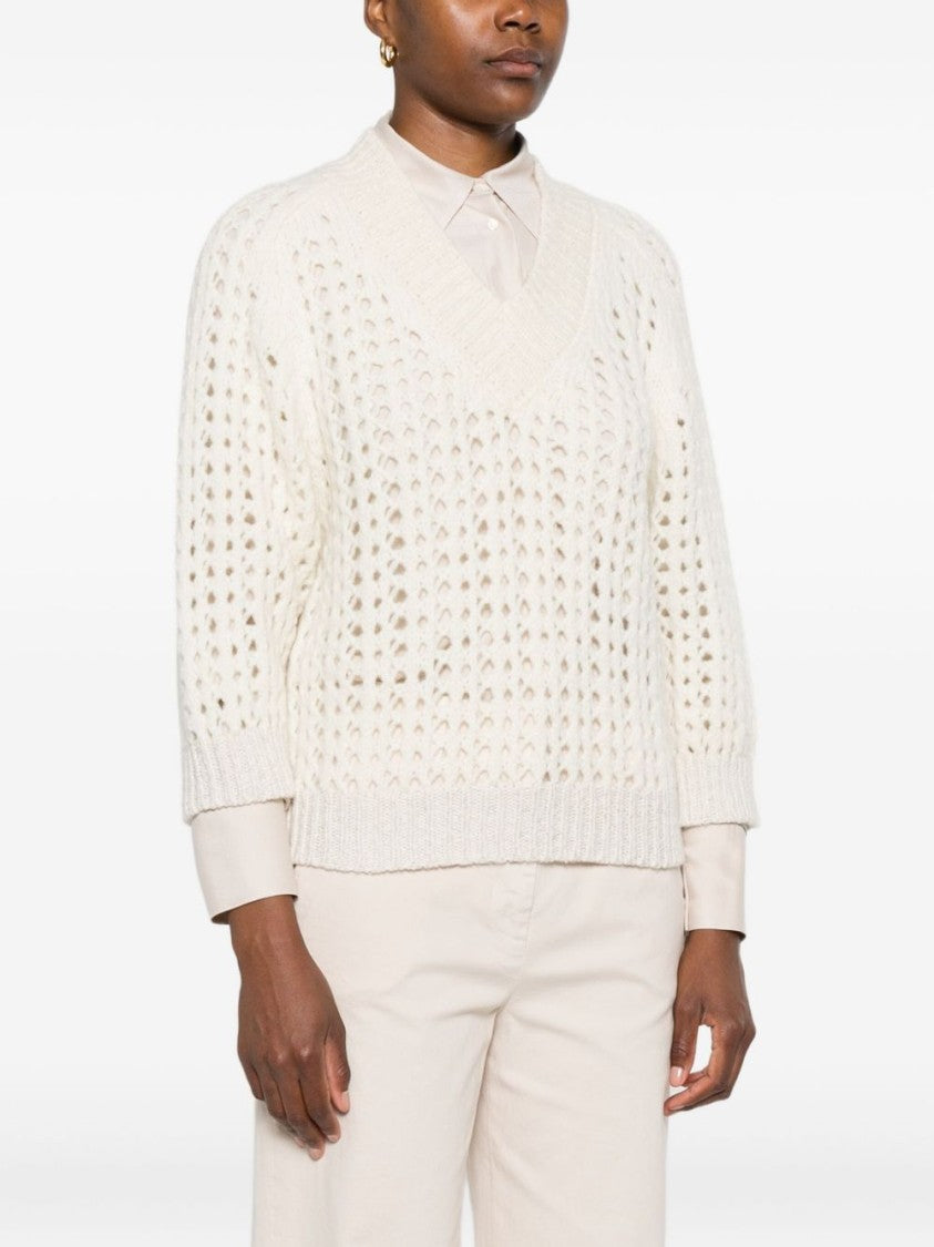Peserico Airy White Knit Sweater With V-Neckline