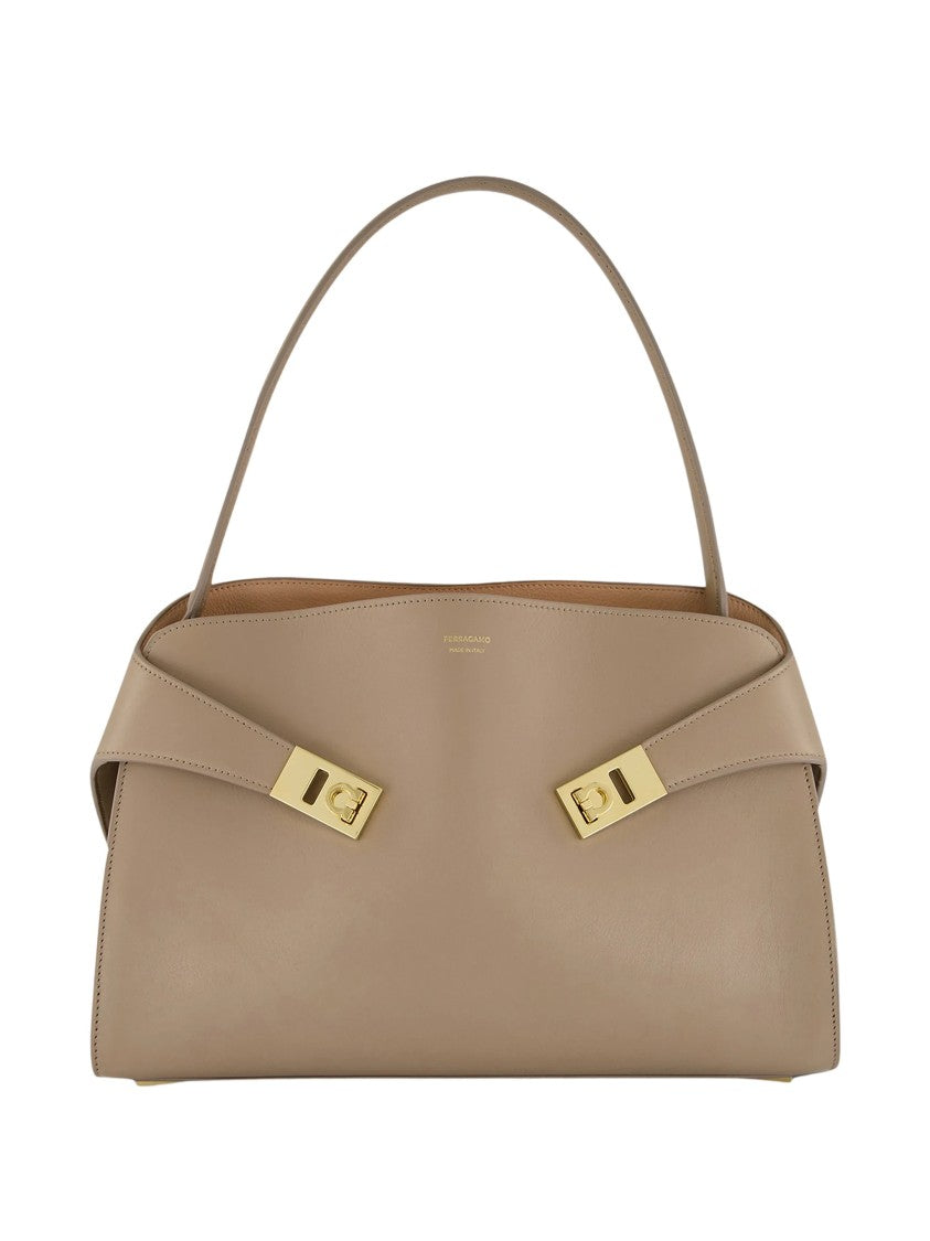 Salvatore Ferragamo Hug Sh S Structured Gold Accents Calf Leather Shoulder Bag