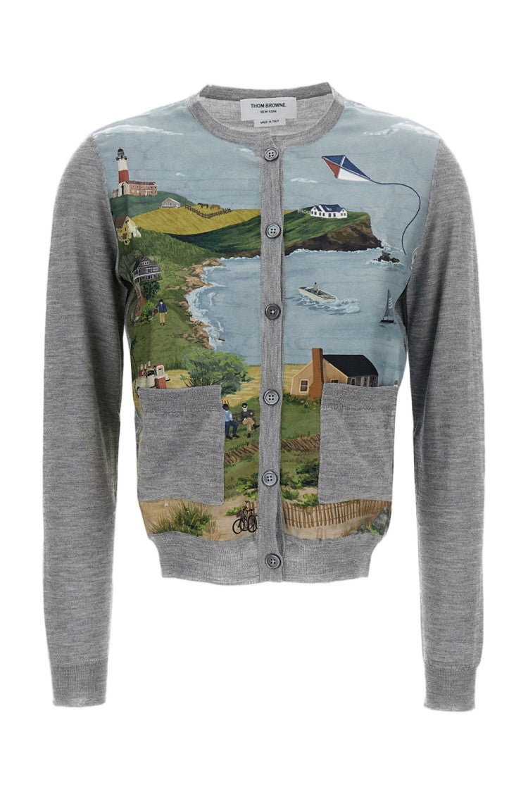 Thom Browne Cropped Cashmere-Silk Cardigan With Scenic Print And Buttoned Cuffs