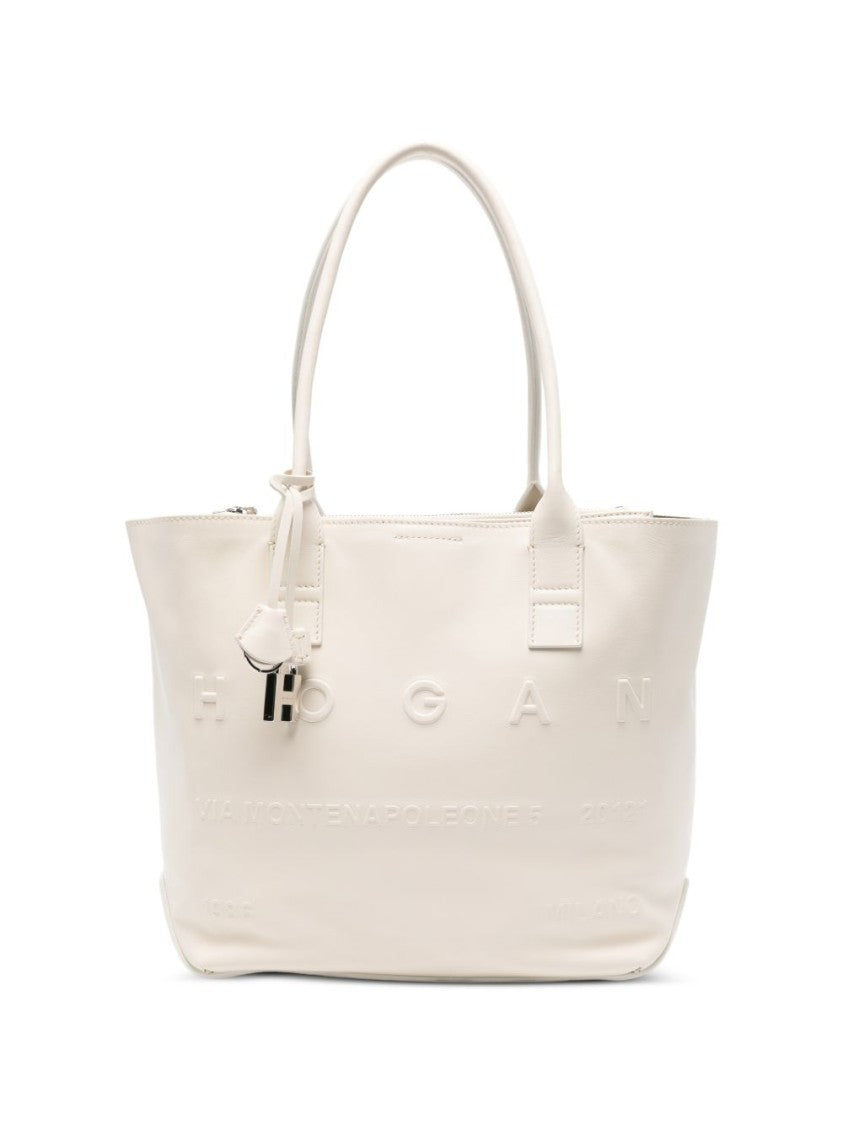 Hogan Cream Calf Leather Shopper Bag With Embossed Detailing