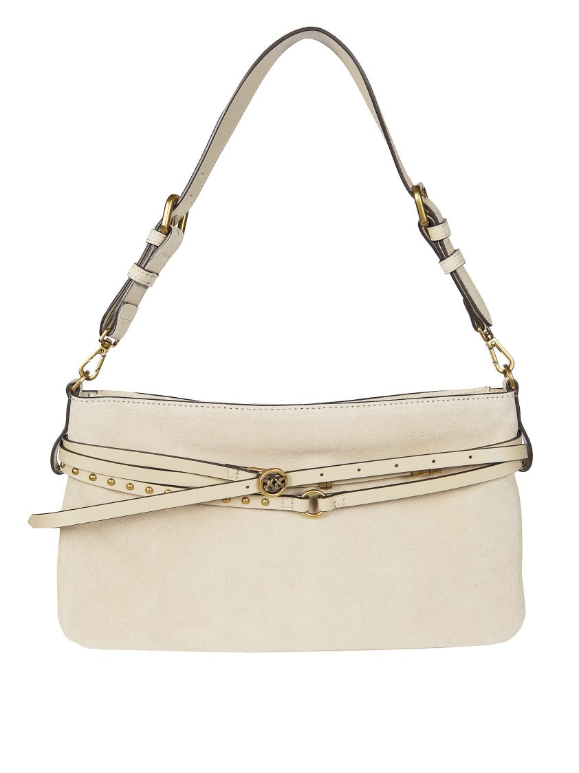 Pinko Light Beige Classic Studded Suede Handbag