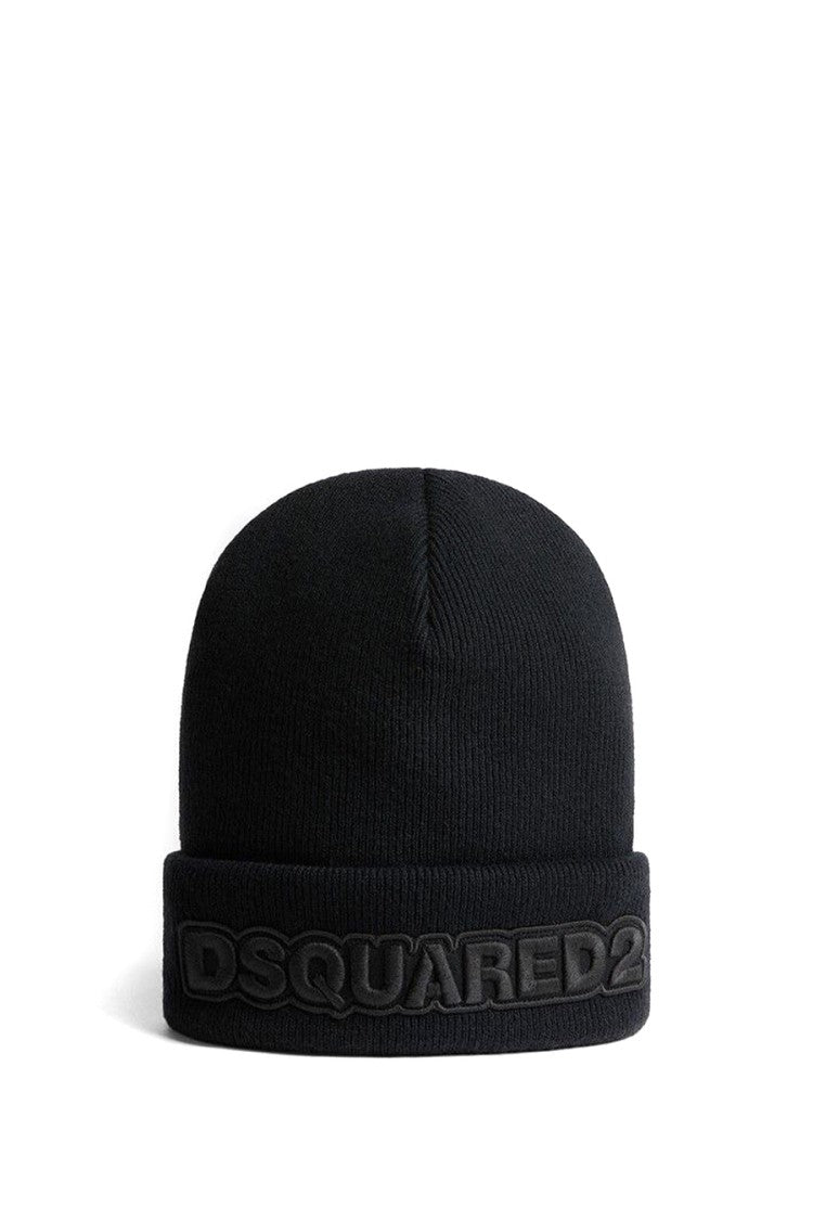Dsquared2 Black Tonal Embossed Logo Folded Cuff Wool Beanie