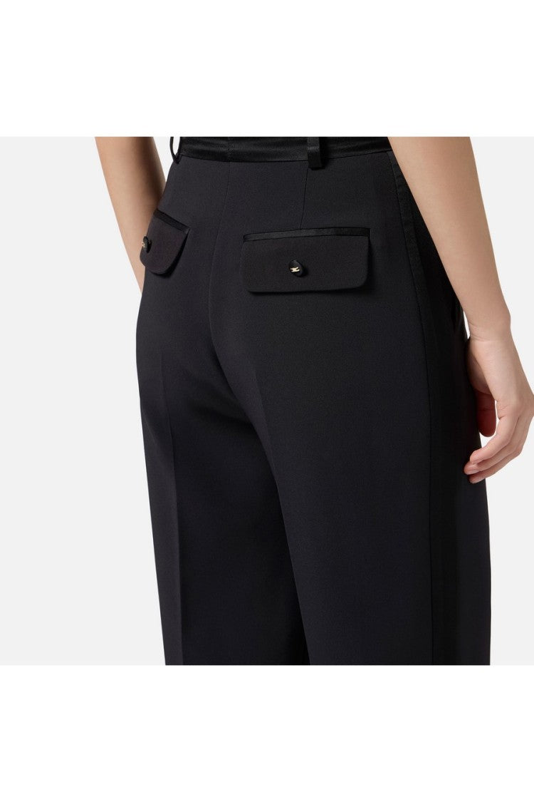 Elisabetta Franchi Black Pleated Satin Waistband Polyester-Blend Flared Pants