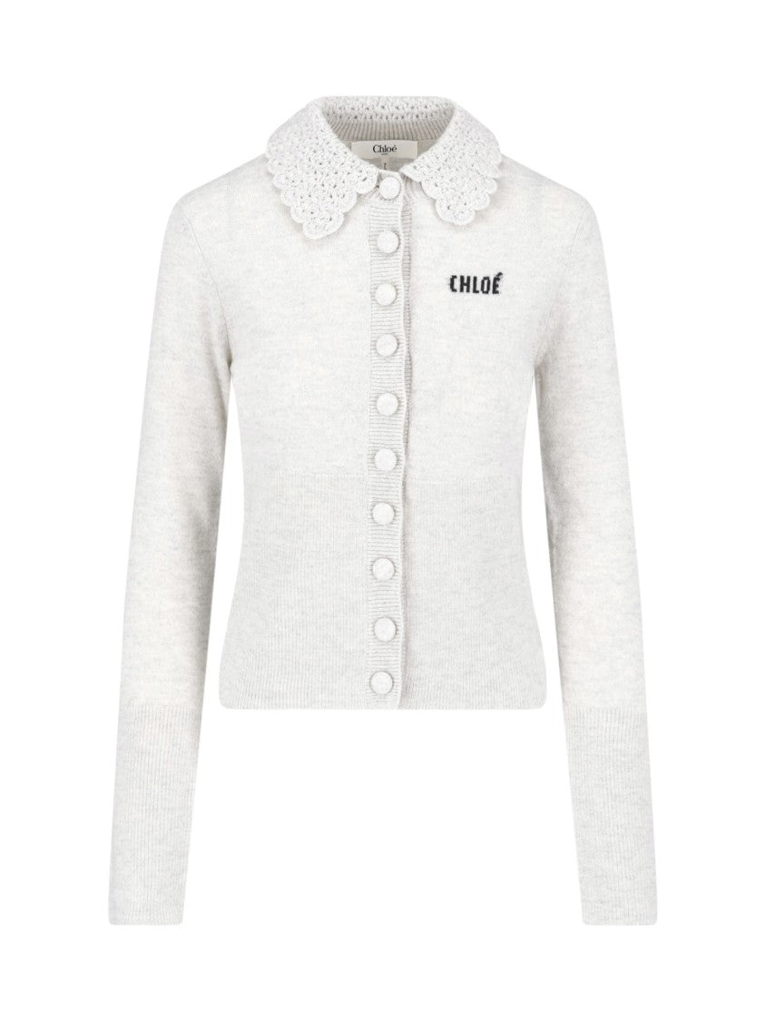 Chloé Grey Wool Cardigan With Crochet Collar And Button Closure