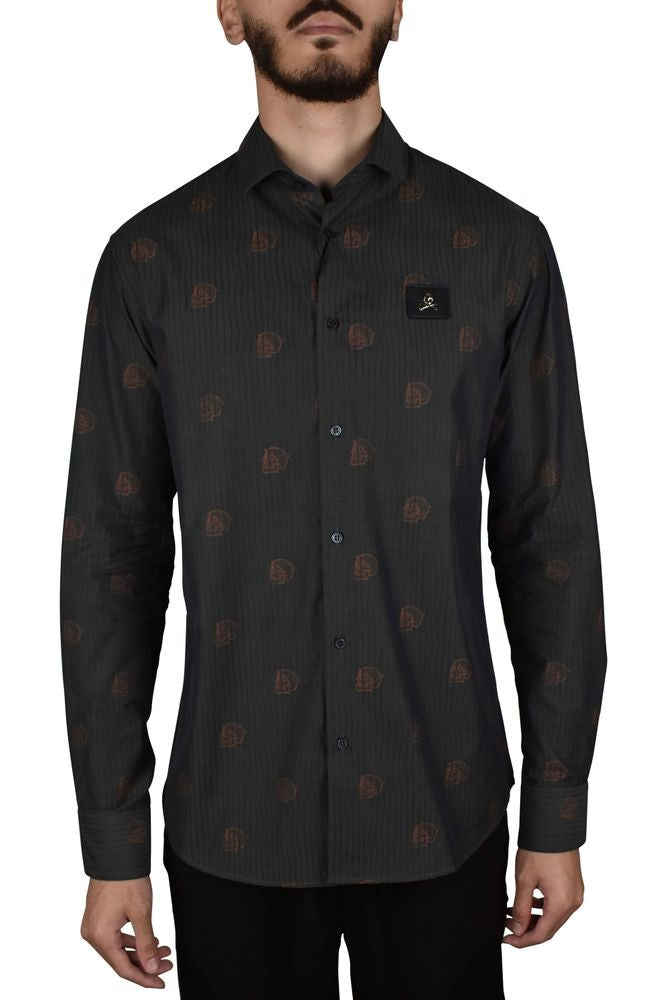 Philipp Plein Grey Cotton Striped Shirt With Skull Motif