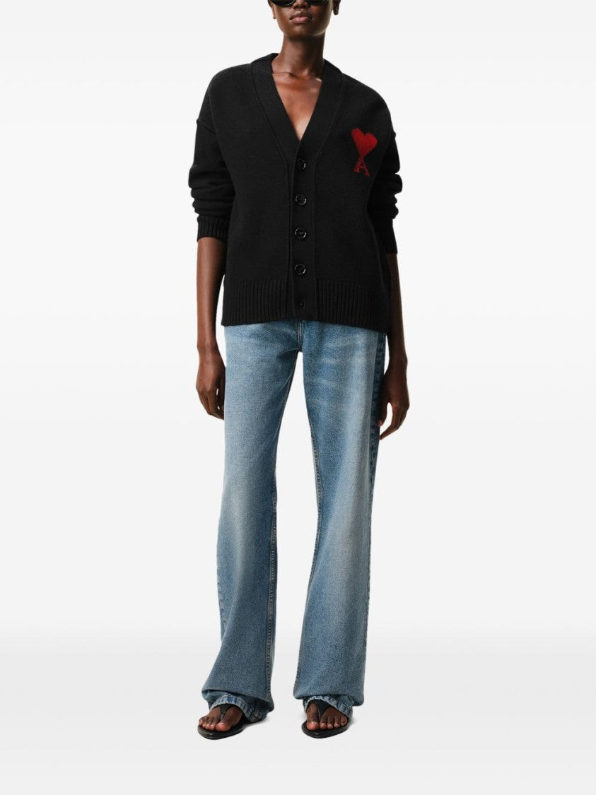 Ami Paris Black Knit Cardigan With V-Neck And Heart Detail