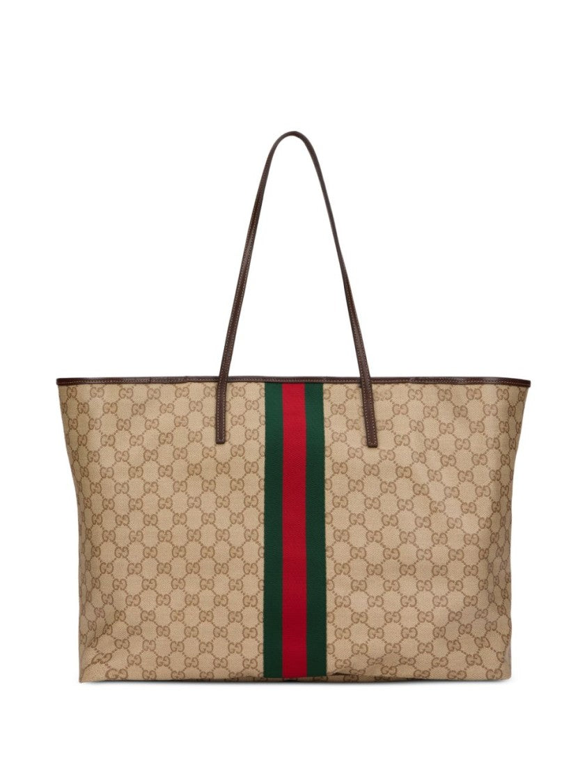 Gucci Beige Monogram Web Stripe Large Canvas Tote Bag