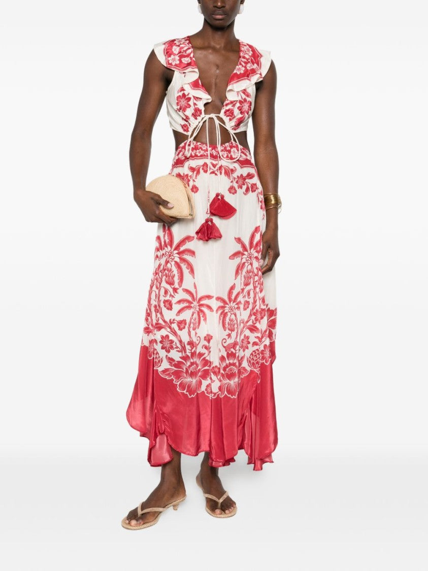 Farm Rio Red Botanical Motif Viscose Midi Dress
