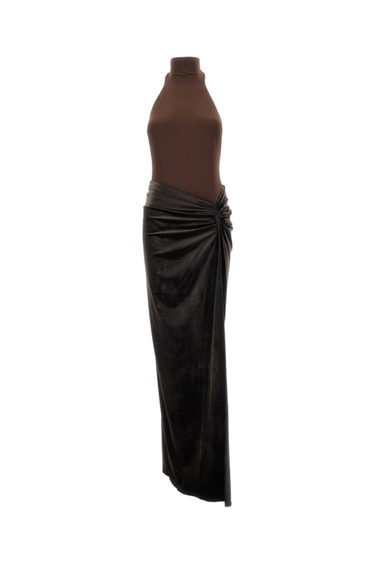 The Andamane Brown Jessie Halter Stretch Maxi Dress