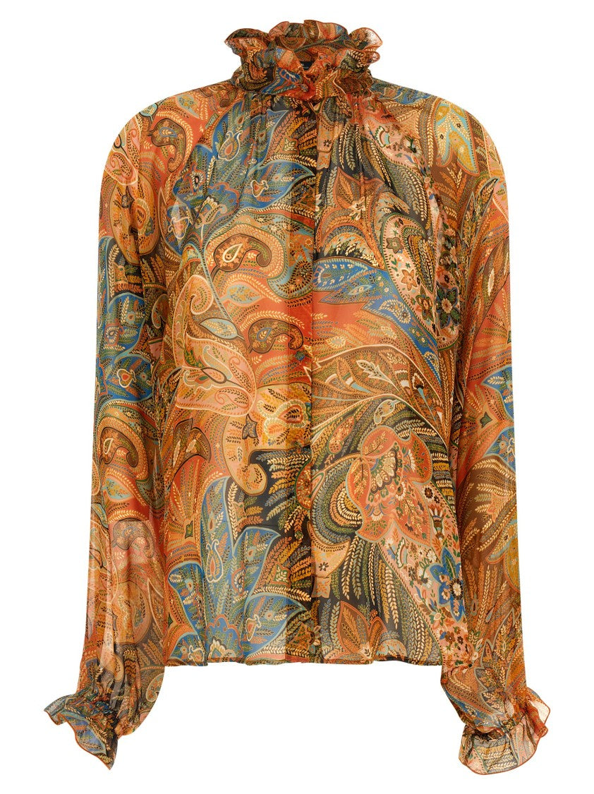 Etro Paisley Print Silk Chiffon Blouse With Ruffle Details