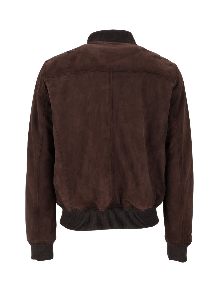 Stewart Suede Leather Bomber Jacket With Ribbed Knit Details