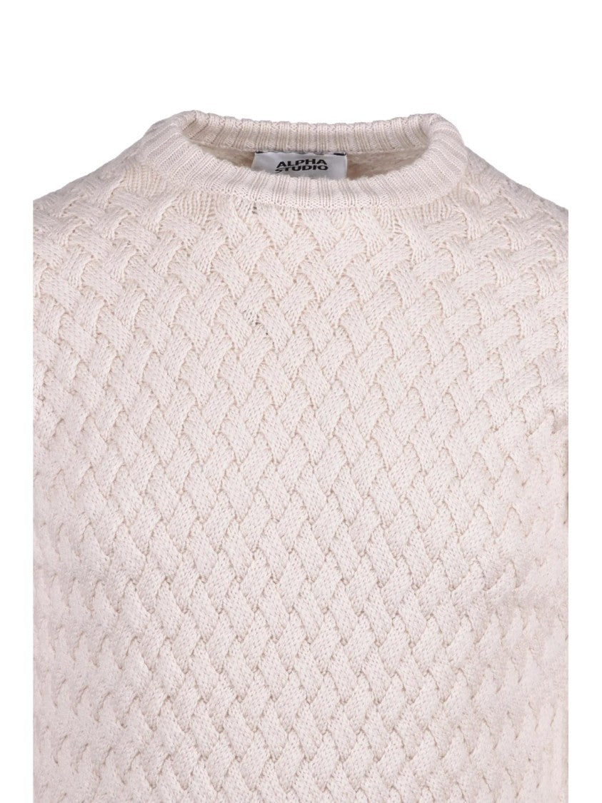 Alpha Studio Textured Cable Knit Sweater With Classic Crew Neckline