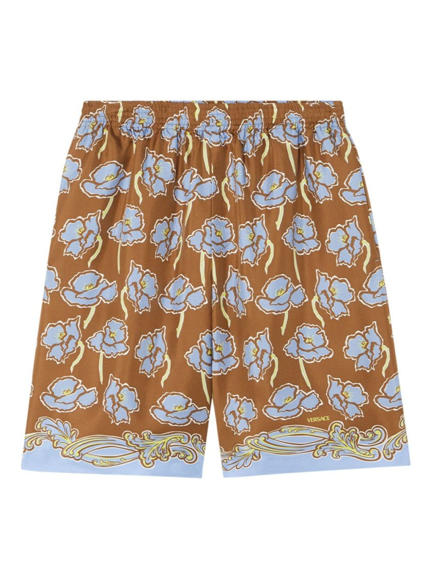 Versace Tobacco Brown Front Logo Print Shorts