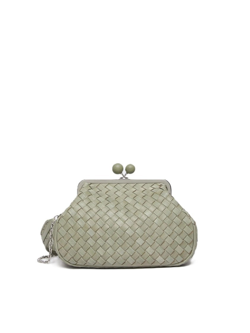 Max Mara Structured Woven Leather Clutch Bag In Sage Green