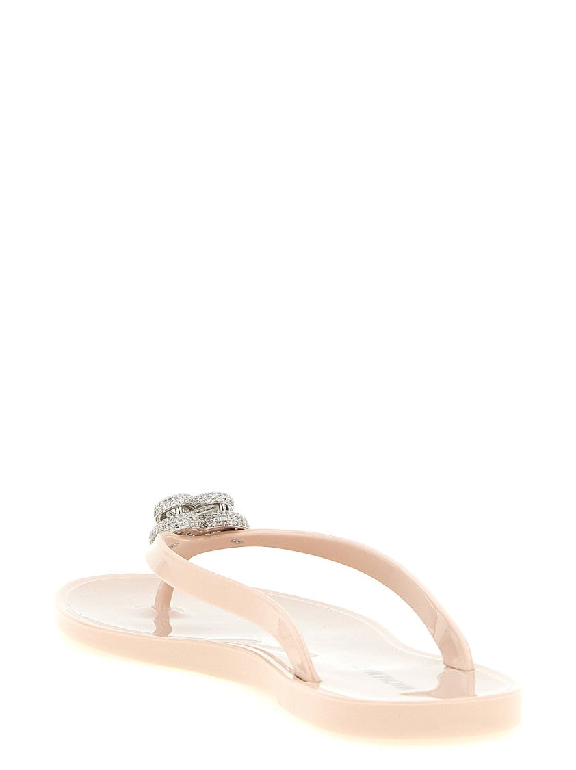 Mach & Mach Rubber Thong Sandals With Metal Double Heart Detail And Crystal Embellishments